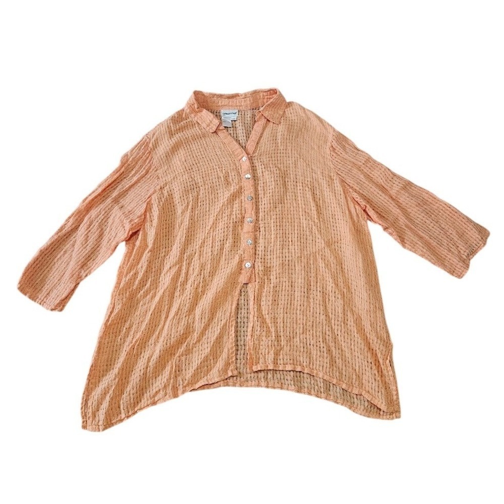 Coldwater Creek 100% Linen Tunic Top 3X Peach Orange Roll Tab Button Up Shirt